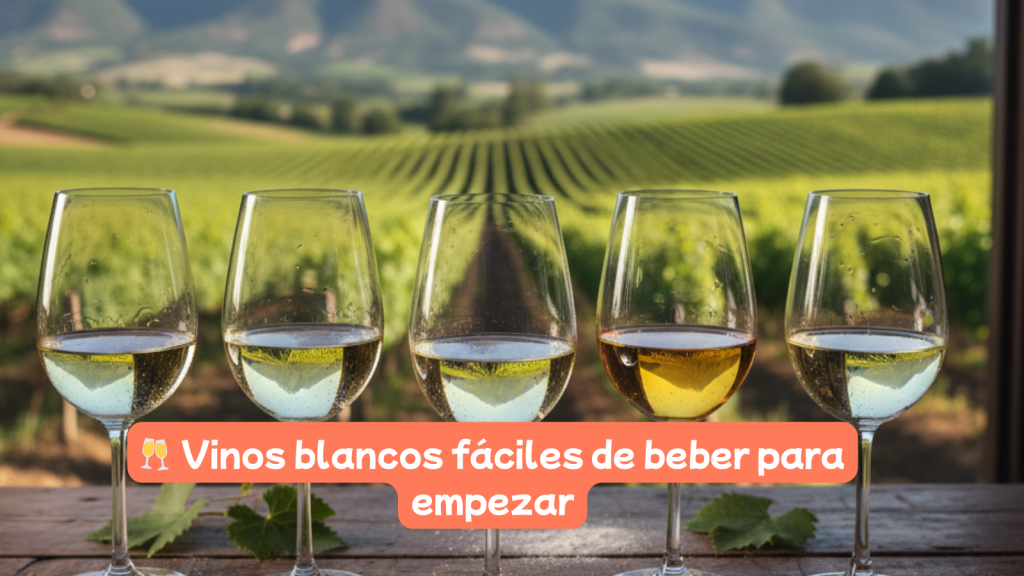 Selección de los 5 mejores vinos blancos fáciles de beber para principiantes sobre una mesa de bodega con vistas a viñedos