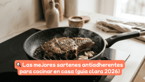 Chuletón sellándose en sartén antiadherente Zwilling Madura Plus de 28 cm sobre placa de inducción.