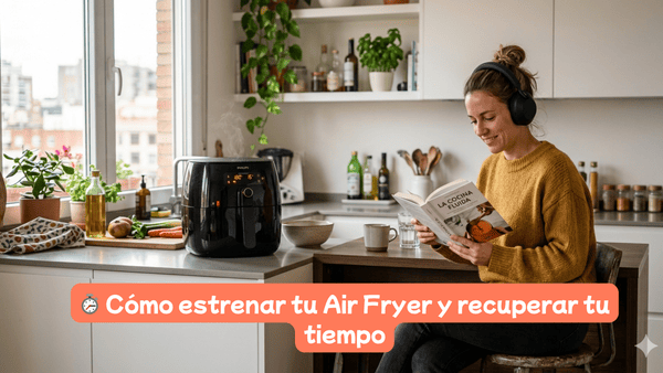 Mujer leyendo un libro cómodamente con auriculares puestos en su cocina junto a una Air Fryer funcionando.