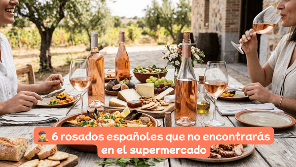 Mesa con comida, marisco, arroz y botellas de los mejores vinos rosados espanoles de fondo