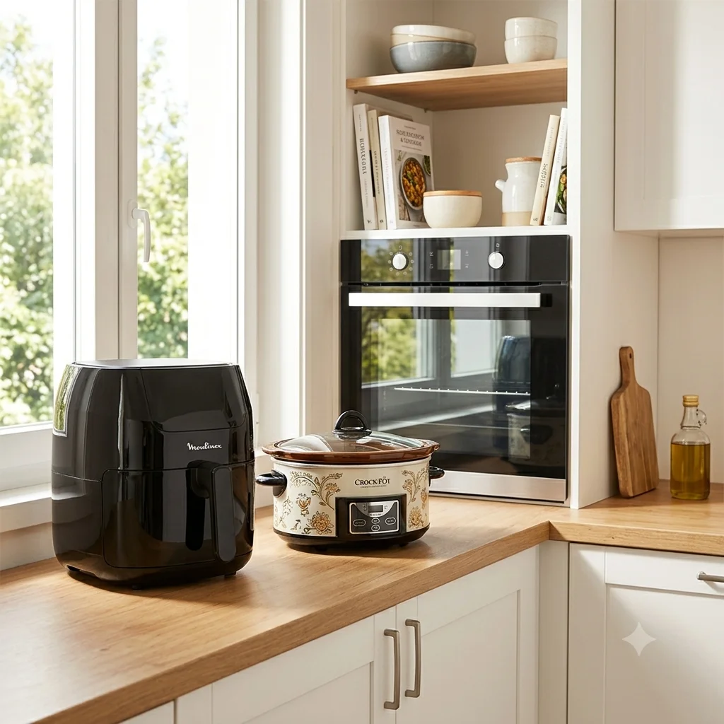 Cocina moderna organizada con freidora de aire, olla lenta Crock-Pot y horno integrado.