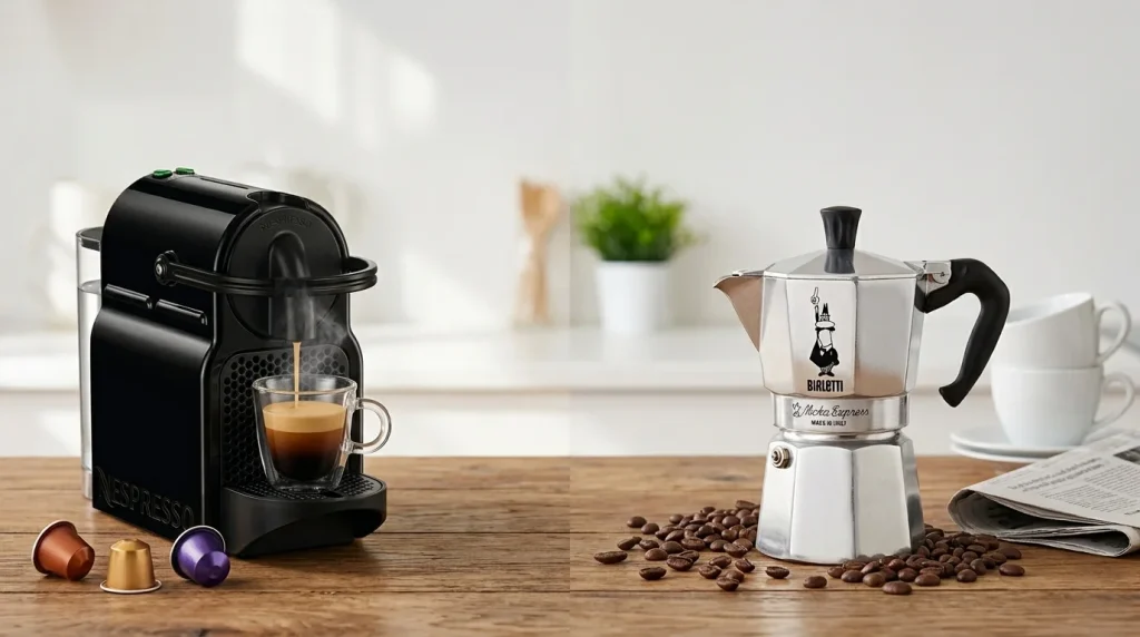 Comparativa de dos estilos de vida frente al café: una cafetera de cápsulas Nespresso negra con su taza a la izquierda representando la rapidez, y una cafetera italiana Bialetti de aluminio a la derecha representando el ritual, dispuestas sobre una mesa de madera.