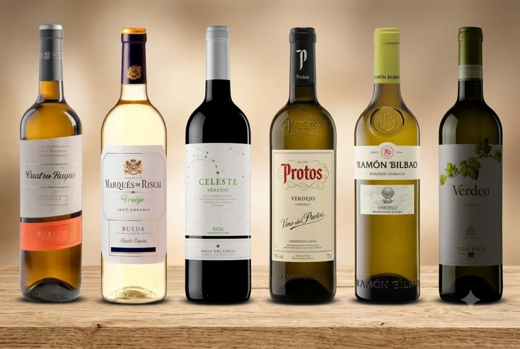 Selección de las mejores botellas de vino blanco Verdejo de la D.O. Rueda presentadas sobre una mesa de madera.