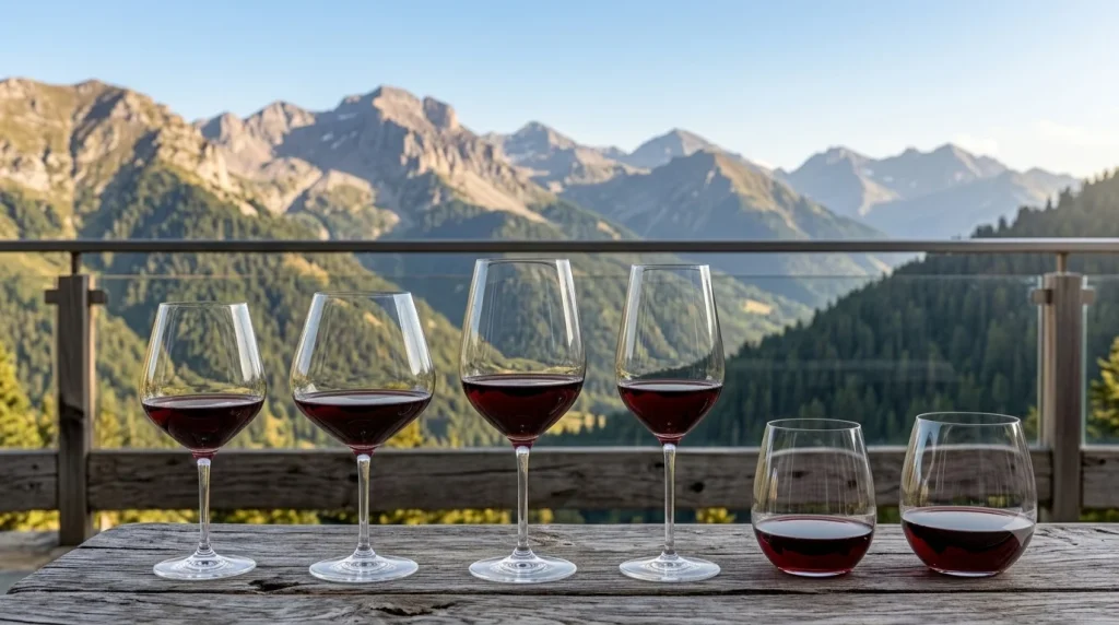 Seis tipos de copas de vino tinto sobre mesa de madera con vistas a la montana