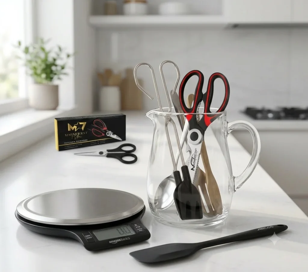 Bodegón en encimera de cocina blanca y minimalista con una báscula digital, una espátula de silicona negra y una jarra de cristal transparente que contiene unas pinzas con punta de silicona y unas tijeras de cocina.