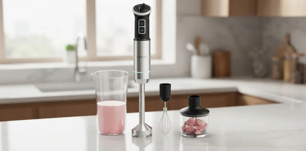 Batidora de mano Cecotec Power Neutron 1100MAX Pro con sus accesorios sobre una encimera de cocina.