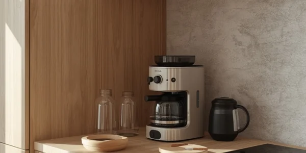 Cafetera compacta colocada en una encimera de cocina pequeña y estrecha