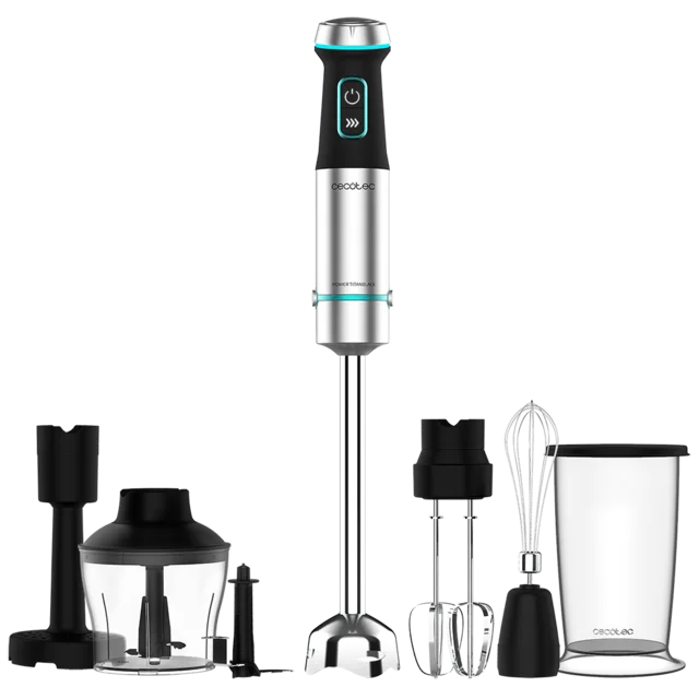 Batidora de mano Cecotec Power TitanBlack 1200 XL con sus accesorios, picadora, varillas y vaso medidor sobre fondo transparente.