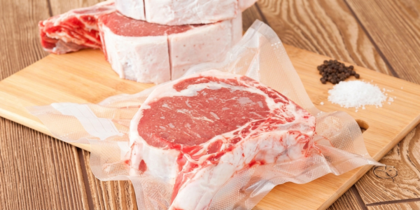Carne de vacuno envasada al vacío sobre tabla de cortar de madera